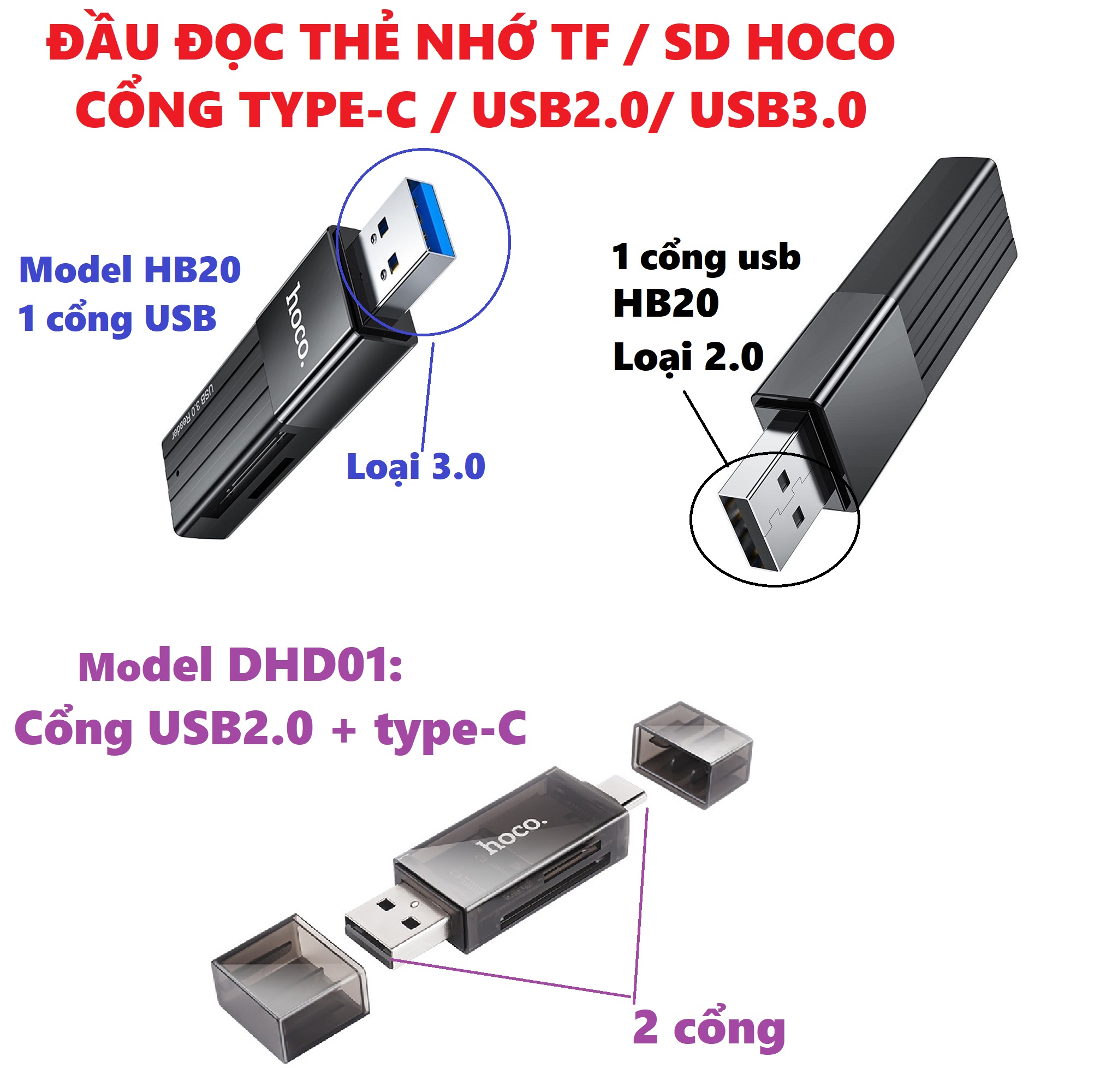 Đầu đọc thẻ sớ tf/ sd đa năng 2 cổng usb 2.0 / type c / usb 3.0 hoco hb20 hb45