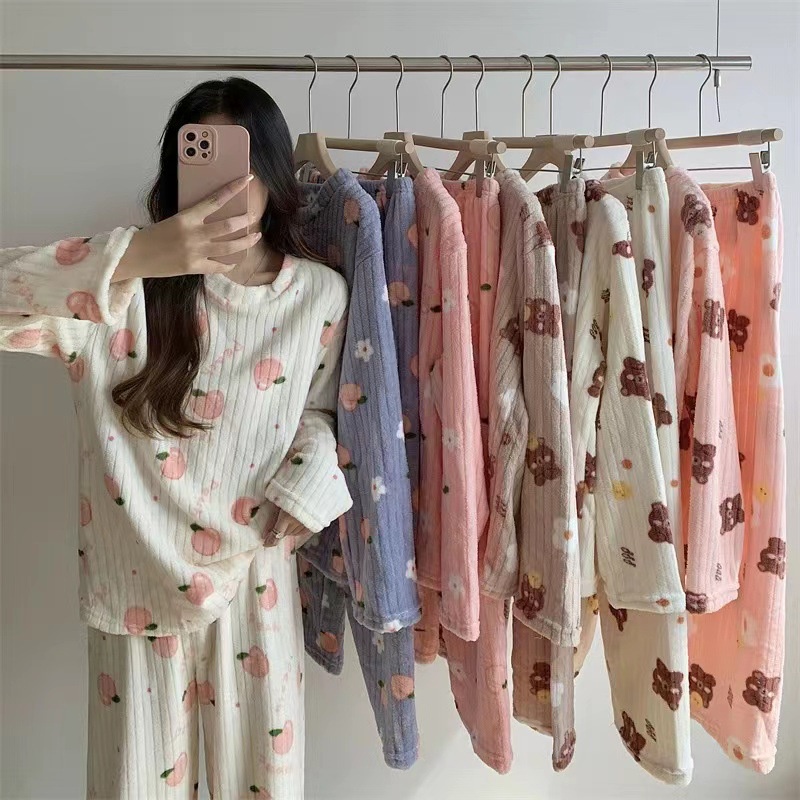 Bộ nỉ bông gấu, bộ quần áo dài tay lót lông ấm áp mặc siêu thích