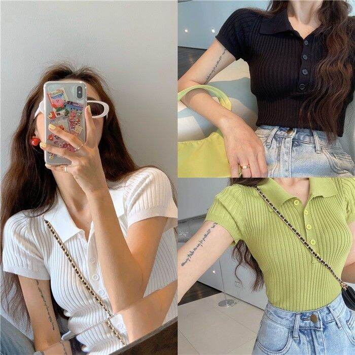 Áo croptop dệt kim tay ngắn cổ polo thời trang Hàn Quốc thanh lịch(D1-3-4)