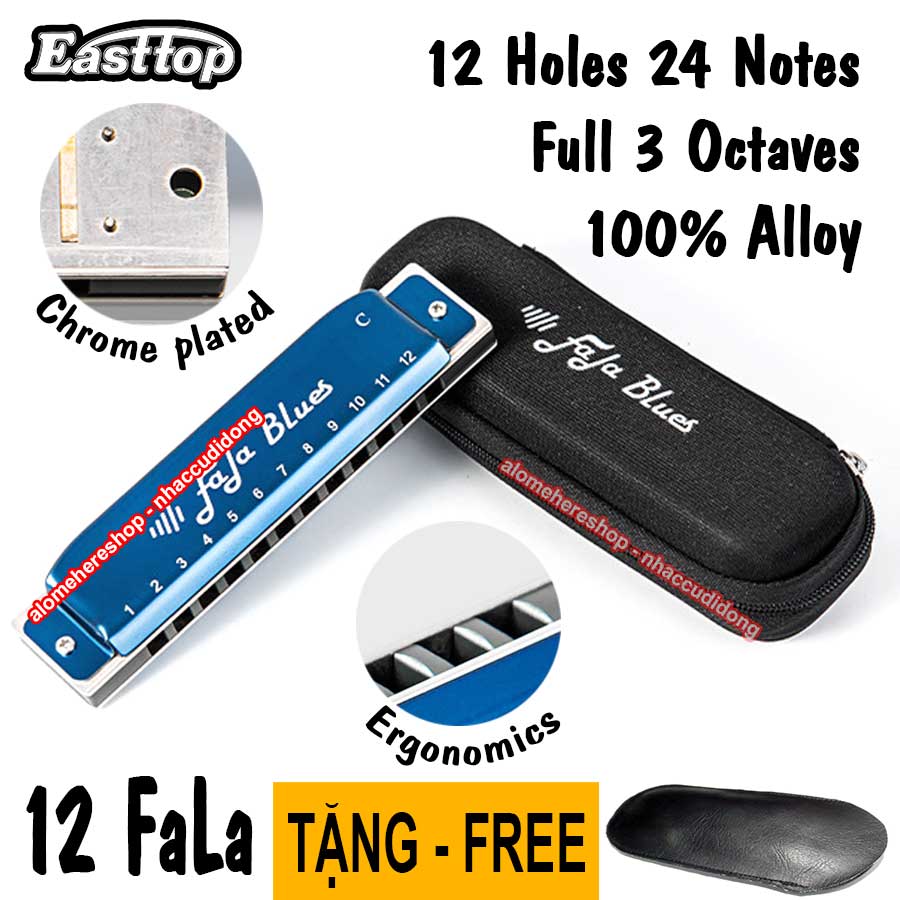 Kèn harmonica diatonic cao cấp easttop 12 lỗ fala blues đủ tone 24 notes comb nhôm có clip thực tế