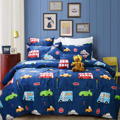 Bộ ga gối đẹp chất cotton poly Hàn Quốc cho trẻ em giá rẻ: 1 Ga chun bọc + 2 vỏ gối họa tiết Ô TÔ cho bé trai