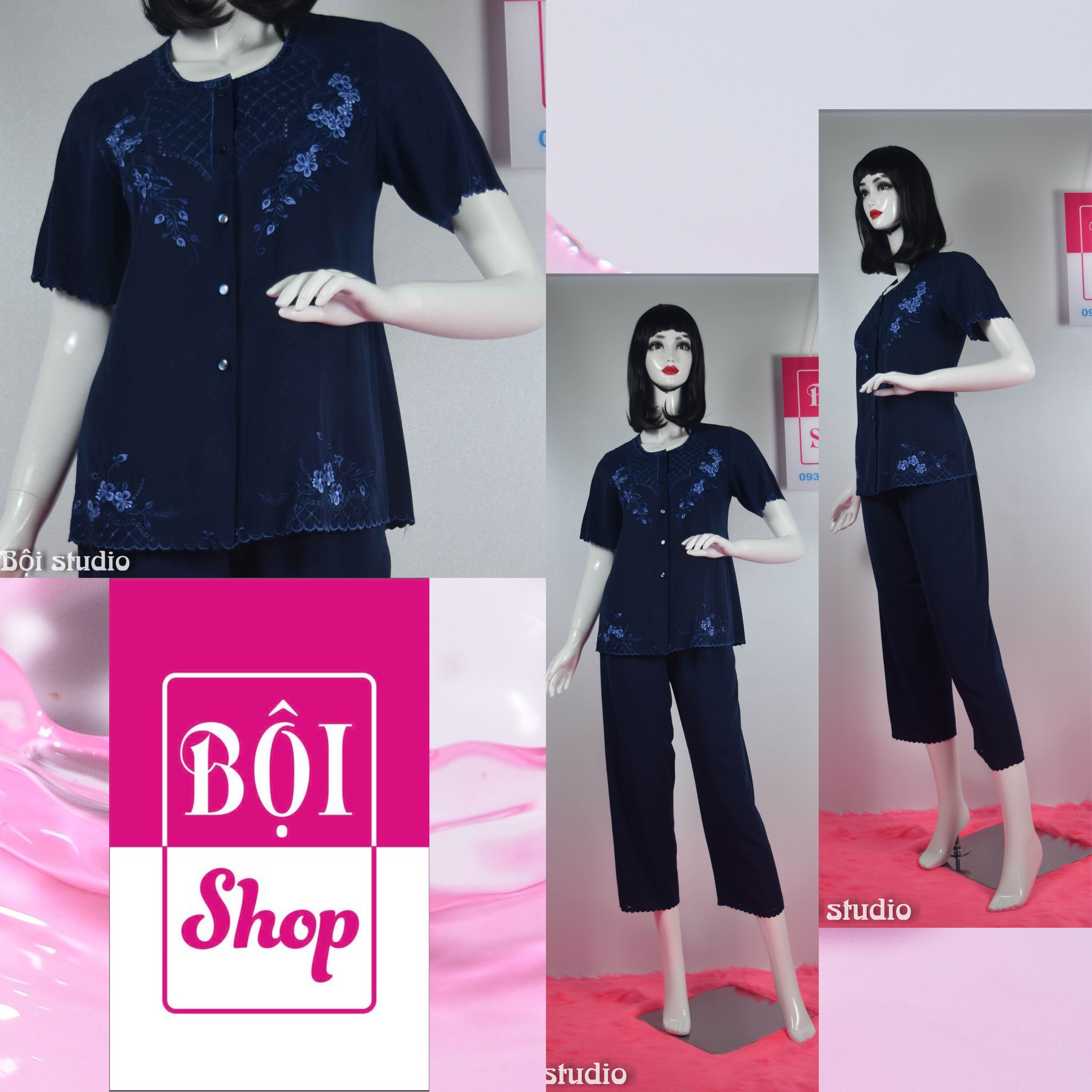 Bộ lụa cotton thêu trung niên và lớn tuổi loại tay ngắn quần dài - natr-màu xanh than
