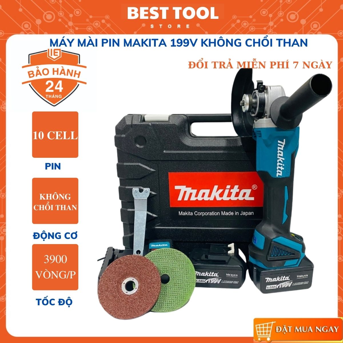 Máy cắt pin Makita 199V không chổi than - Máy mài pin Makita ruột đồng 100% tặng kèm đá mài, đá cắt