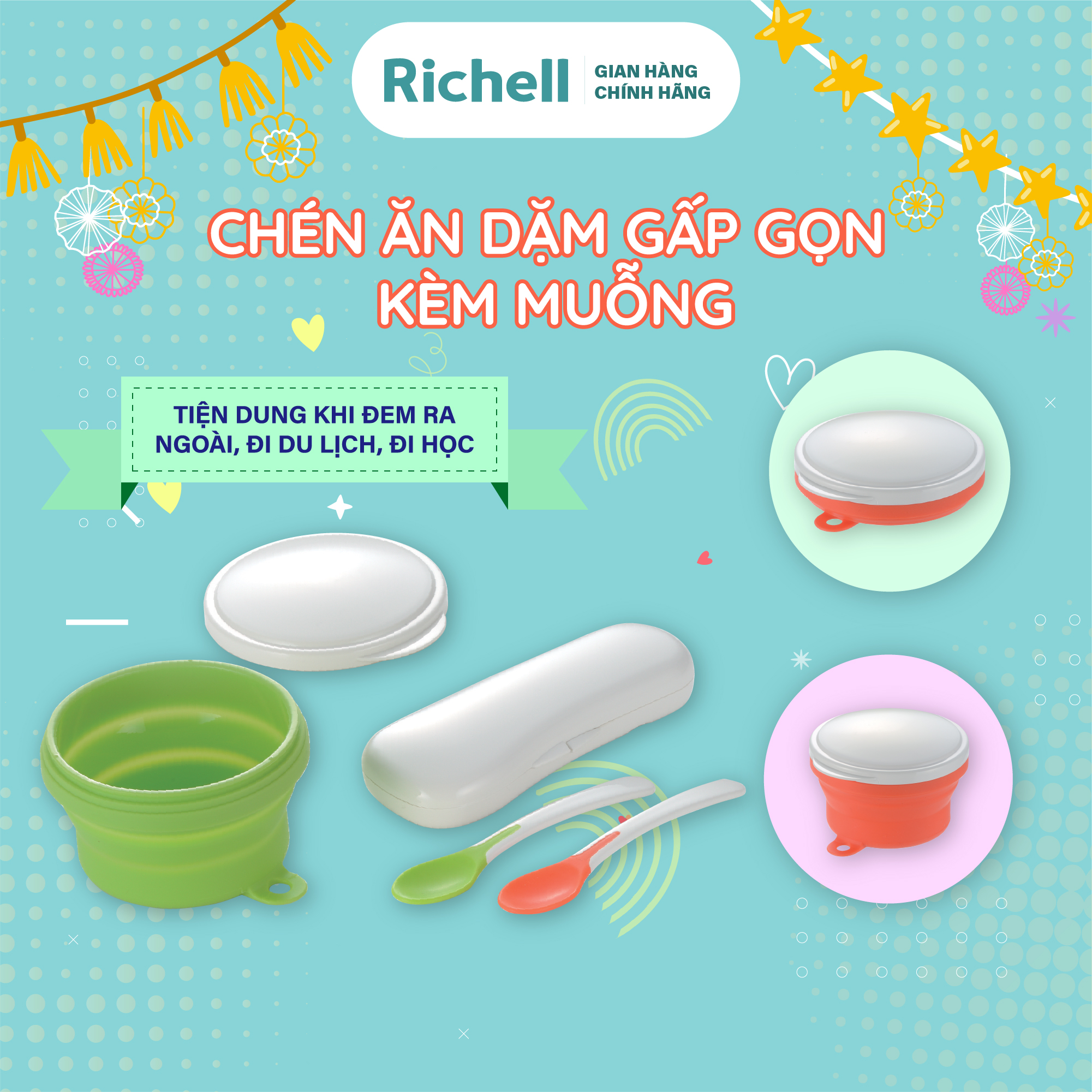 Chén ăn dặm gấp gọn cam richell kèm 2 muỗng mềm và hộp | gift