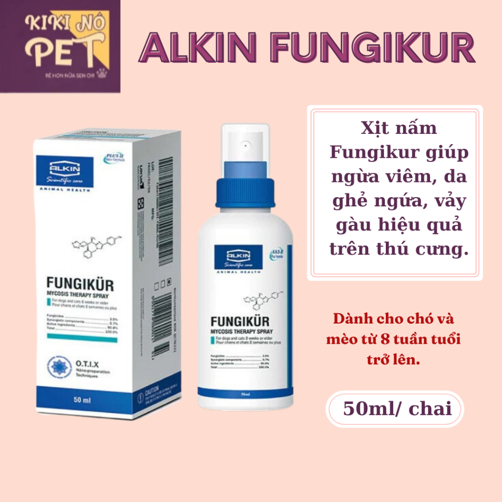 Xịt Nấm Chó Mèo Alkin Fungikur Chai 50ml Xịt Nấm Fungikur Giúp Ngừa Viêm Da, Ghẻ Ngứa, Vảy Gàu Hiệu Quả - KIKINO