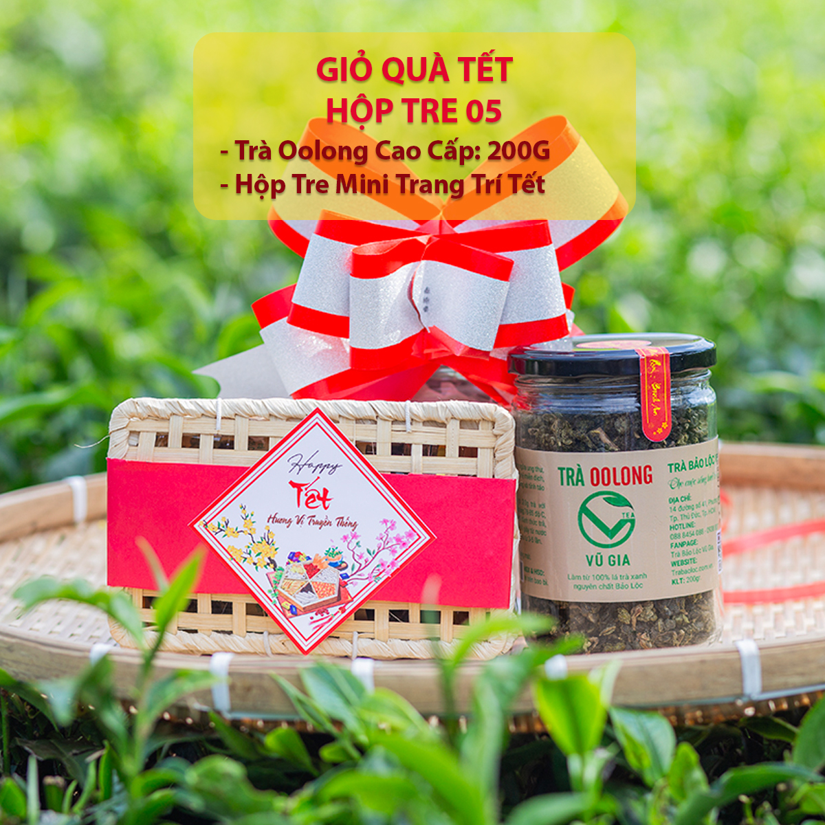 Combo gồm hộp tre 05 + 1 hũ trà oolong kim tuyên cao cấp nguyên chất bảo lộc vũ gia