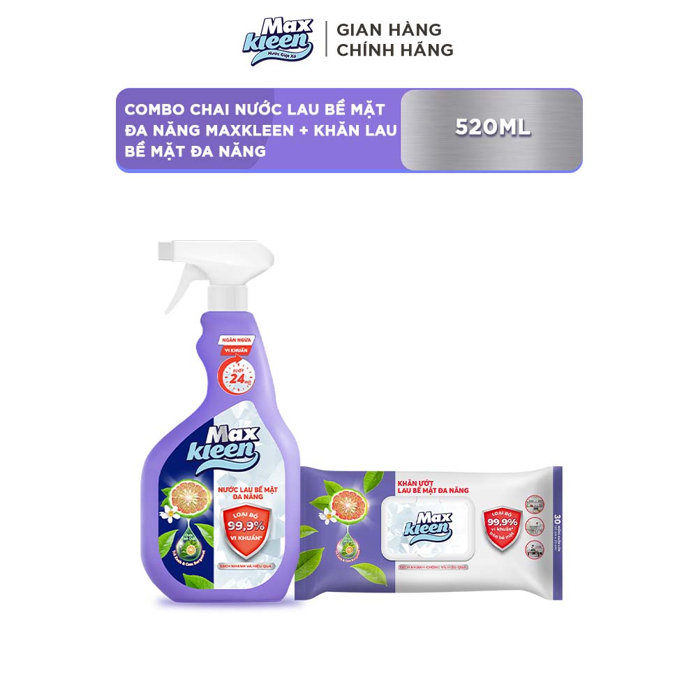 Combo Chai nước lau bề mặt đa năng MaxKleen 520ml + Khăn lau bề mặt đa năng