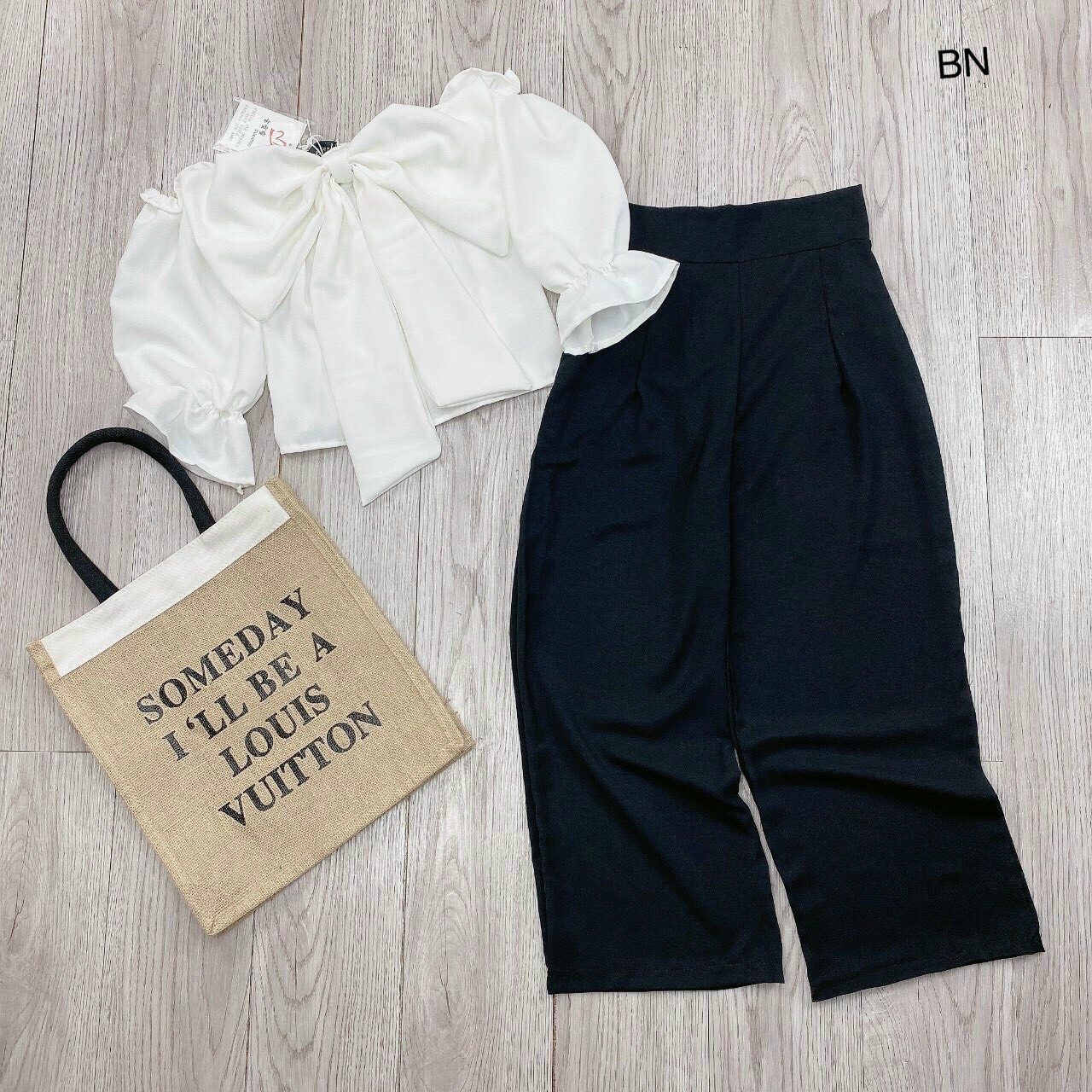 [HCM]Set bộ nữ quần dài ống rộng áo trễ vai nơ ngực #setbonuaquandaiaotrevainonguc