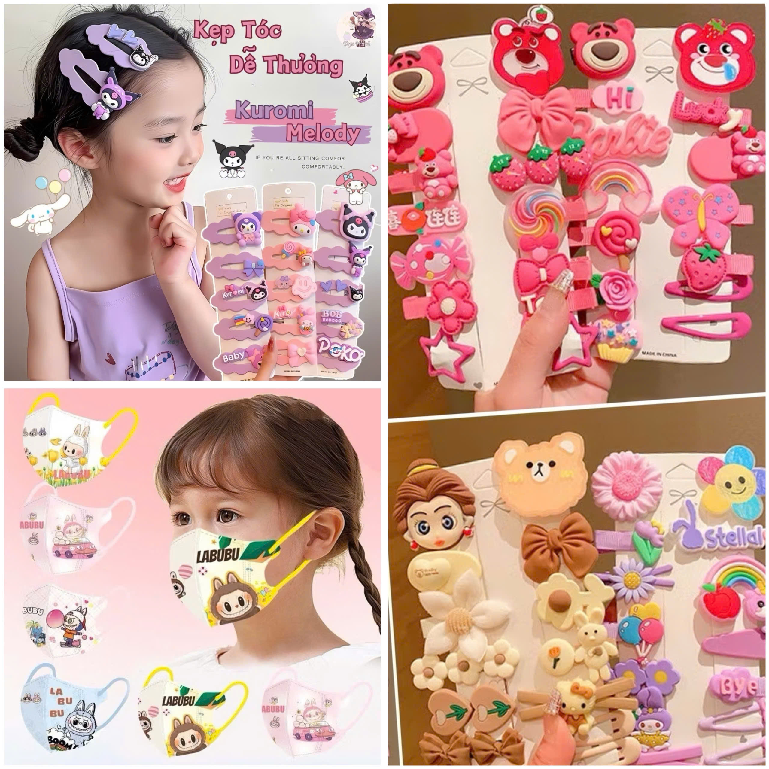 Phụ kiện gấu dâu đi kèm cho bé gái các loại (lồng đèn, cánh tiên,cột tóc,kẹp tóc, bờm, băng đô, khẩu trang, cào tóc)