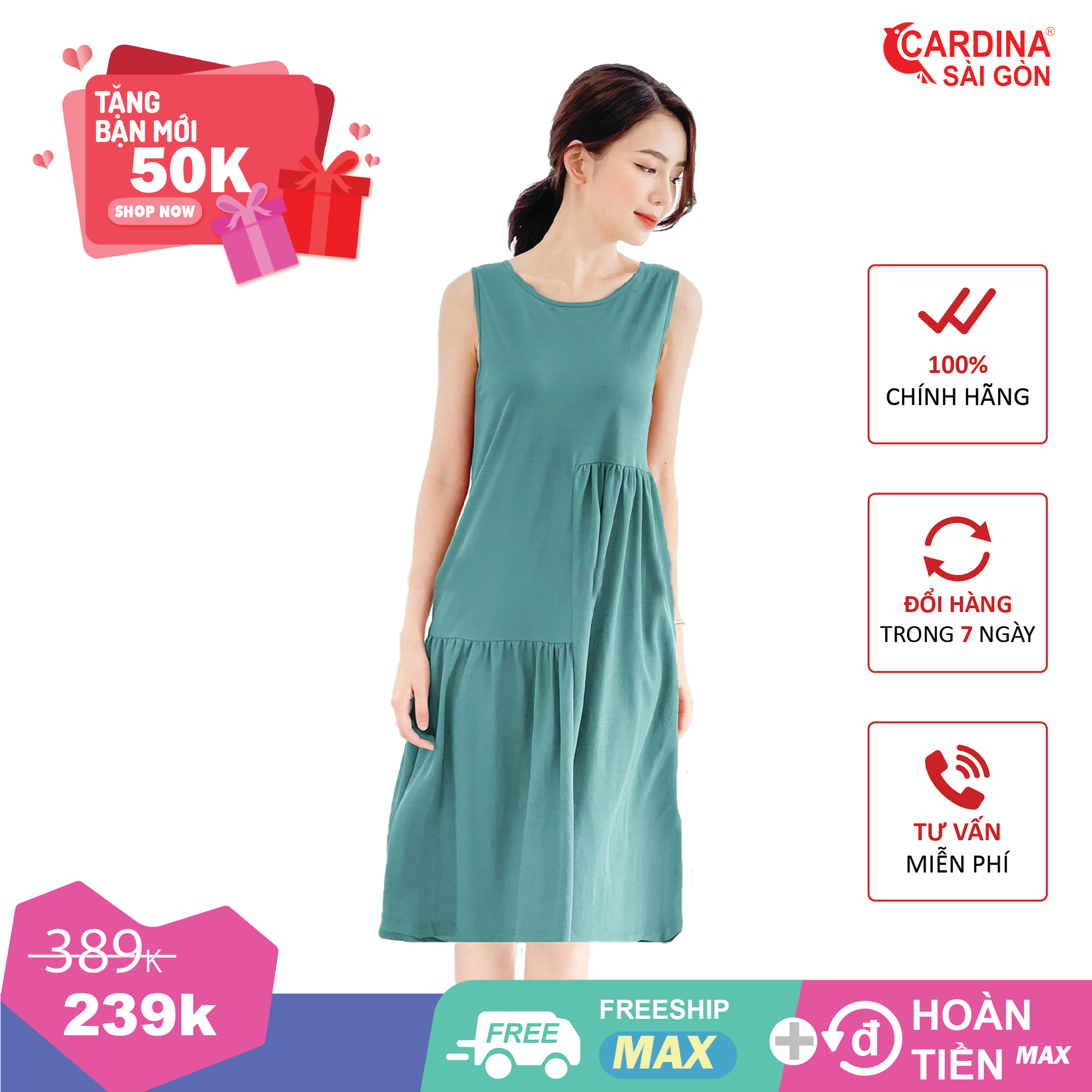 Váy nữ dài qua gối Cardina chất liệu đũi lụa cao cấp co giãn thoáng mát nhún tầng xinh xắn dễ thương mã 1V19