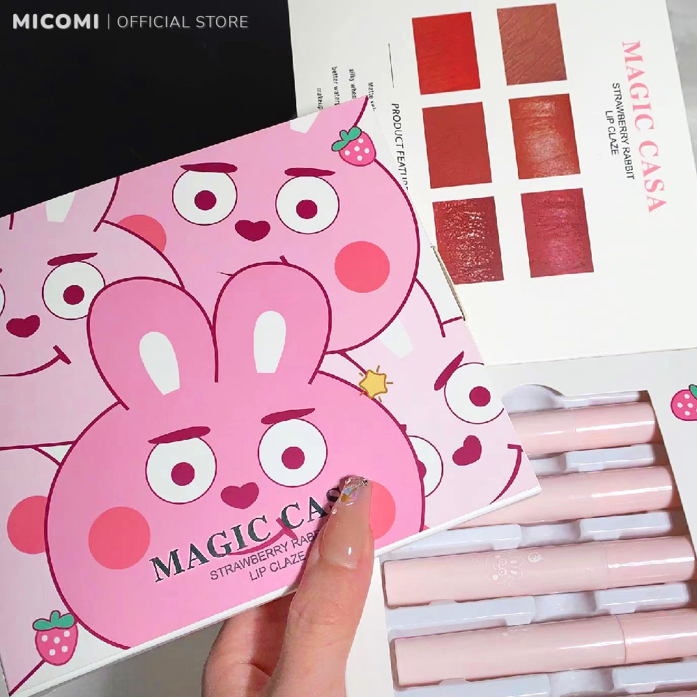 Son Tint Lì Bóng Căng Mọng Môi MAGIC CASA Thỏ Trái Dâu Son Bóng Lâu Trôi Dưỡng Ẩm Màu Nhung Lì 6 Màu Trang Điểm Make Up MICOMI Cosmetics