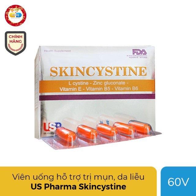 Skincystine US Pharma viên uống hỗ trợ  mụn, bệnh da liễu, Hộp 60 viên