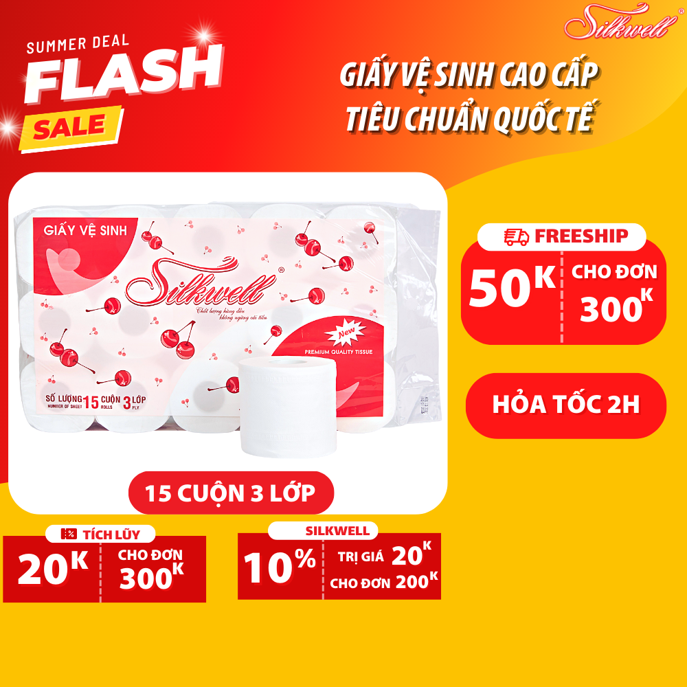 Giấy vệ sinh Silkwell Cherry 15 cuộn 3 lớp có lõi cao cấp, giấy vệ sinh siêu mềm mịn không tẩy trắng hàng Chính Hãng