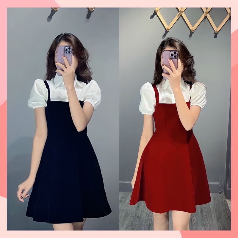Váy nhung phối cổ dáng sơ mi có bigsize_haxuanstore