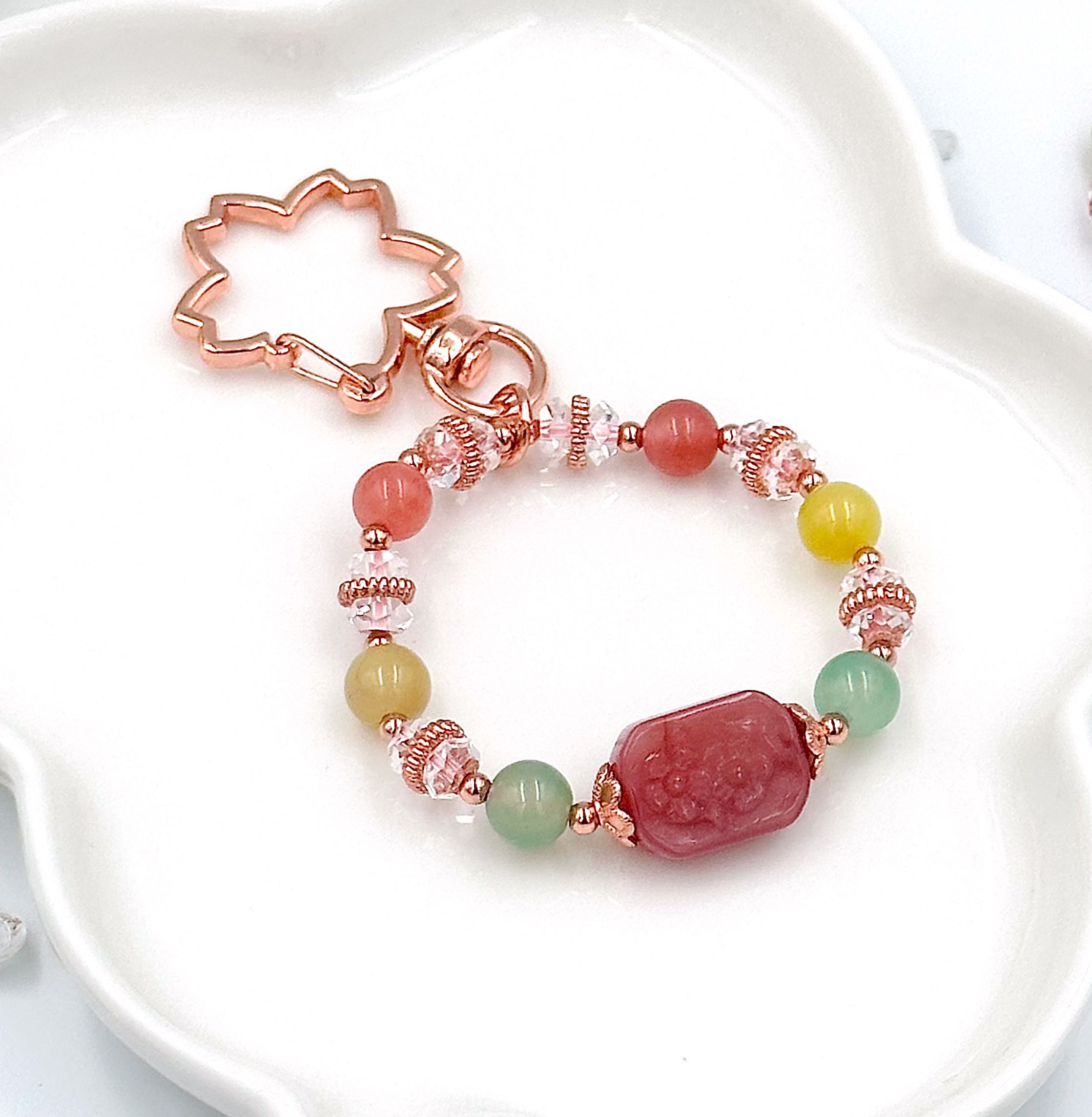 Crz bag charm - phụ kiện - yan yuan agate flower tablet - móc khóa vòng tay đá mã não, charm tablet hoa