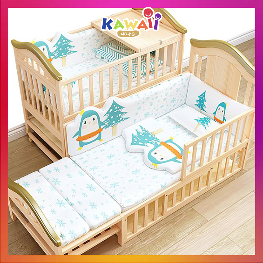 Giường cũi cho em bé Kawaii Home, Nôi cũi cho bé đa năng có thể ghép với giường bố mẹ và kéo thành giường
