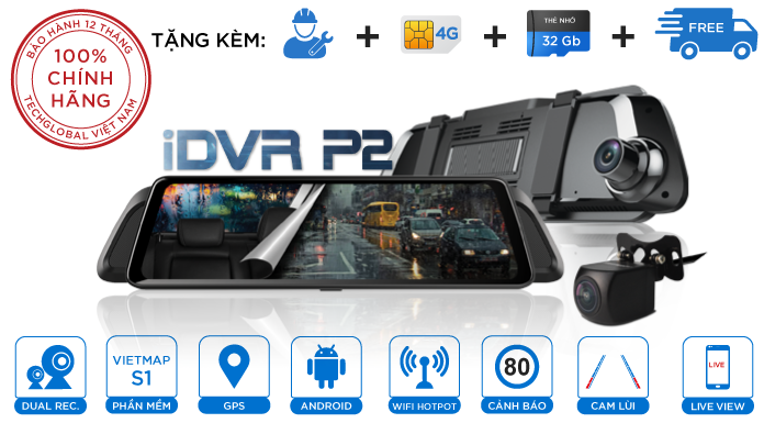 Camera Hành trình Vietmap IDVR P2 2022 vừa ghi hình vừa xem online + dẫn đường + cảnh báo tốc độ , biển báo