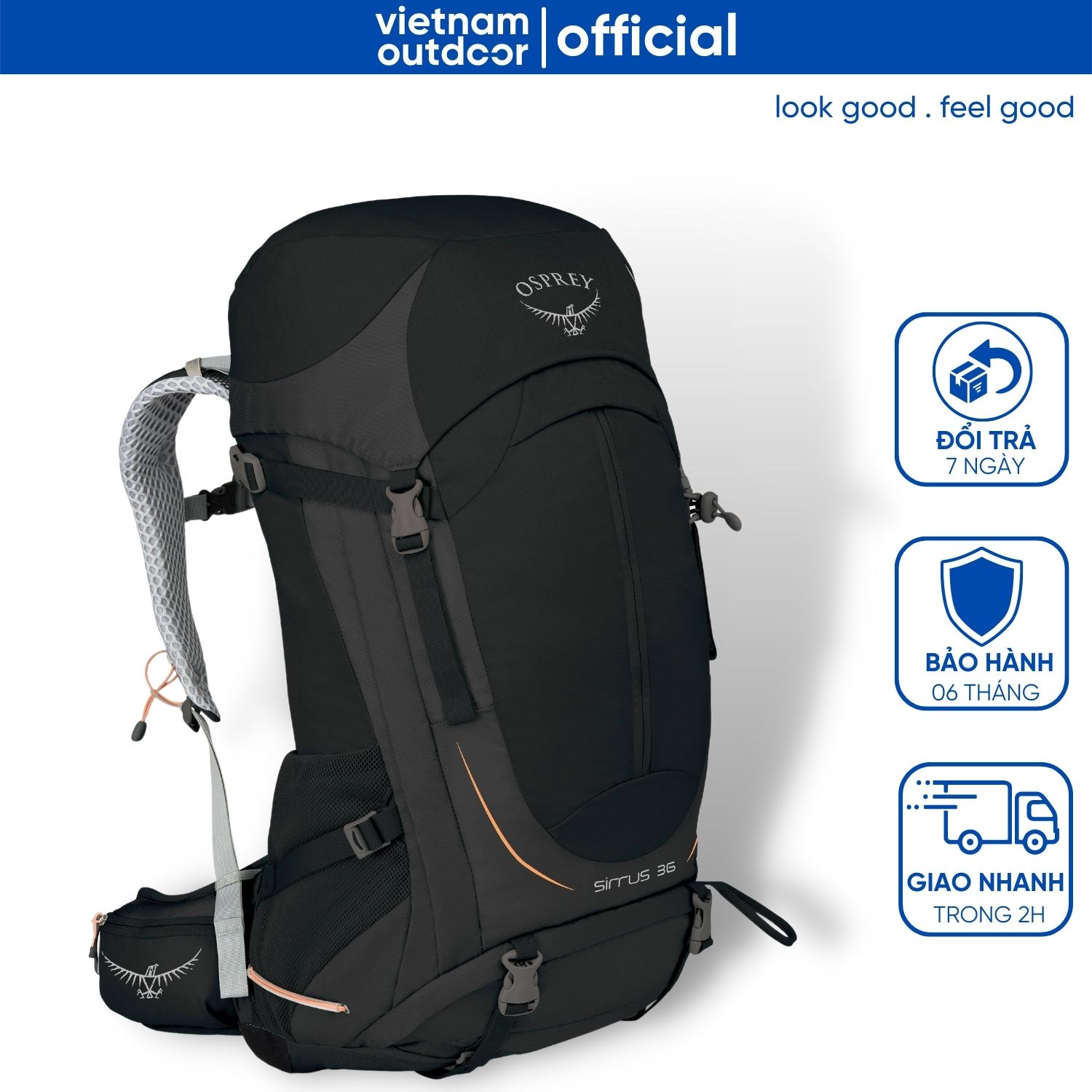 Balo du lịch phượt leo núi nam nữ Osprey Sirrus 36 Backpack Trekking Hiking có đai đeo trợ lực đi kèm áo mưa balo