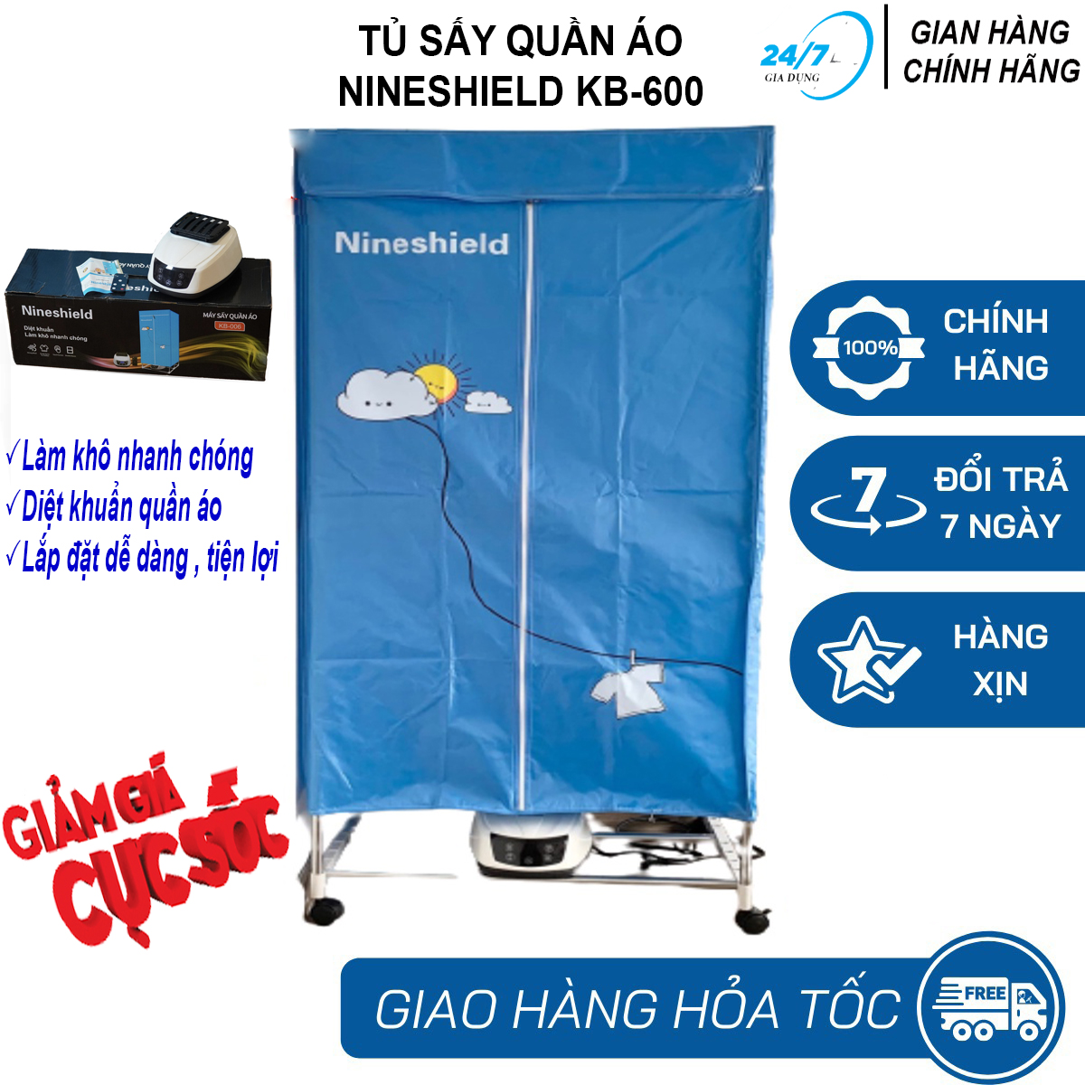 Tủ sấy quần áo Nineshiled KB-600 tiết kiện năng lượng điện - Bảo hành 1 năm - Tủ sấy quần áo thông minh, Thế hệ mới kèm điều khiển hiện đại, máy sấy quần áo tiện dụng cho mọi gia đình, tủ sấy 2 tầng - Giadungbv247