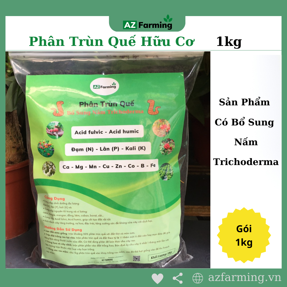 Phân trùn quế hữu cơ bổ sung nấm trichoderma - gói 1kg - az farming