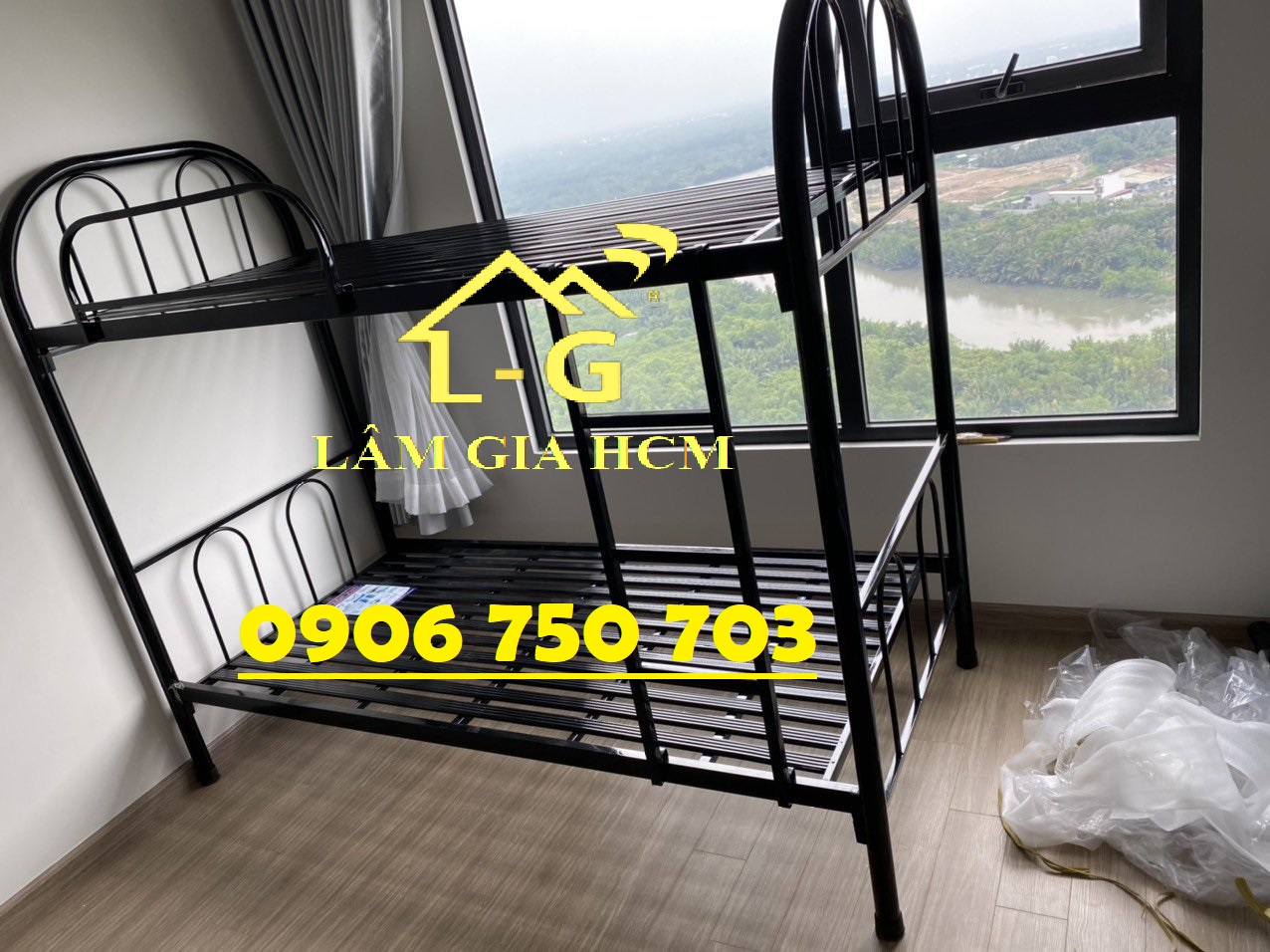 Giường sắt 2 tầng màu đen , kem - miễn phí ship
