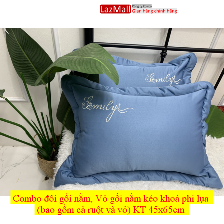Combo đôi gối nằm, Vỏ gối nằm kéo khoá phi lụa KT 45x65cm