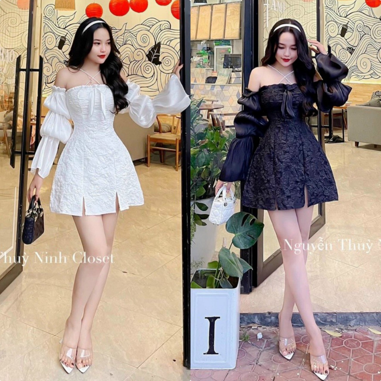 Đầm nữ dự tiệc trễ vai tay phồng dài thiết kế dây chéo vai siêu xinh - Nhỏ Fashion