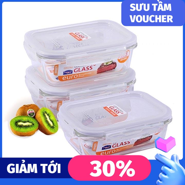 [HCM]Bộ 3 Hộp Thủy Tinh Lock&Lock 630ml và túi giữ nhiệt