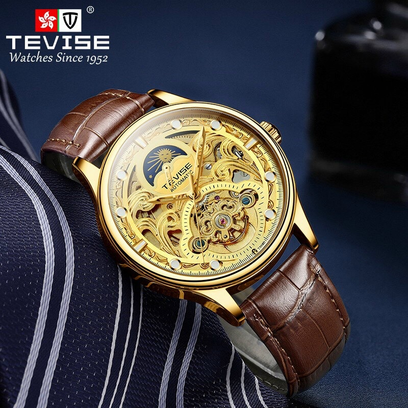 Đồng hồ nam máy cơ tự động tevise t820d - chạy full kim automatic dây da cao cấp chống nước mặt đá sapphire chống xước, chống nước - bảo hành 3 năm