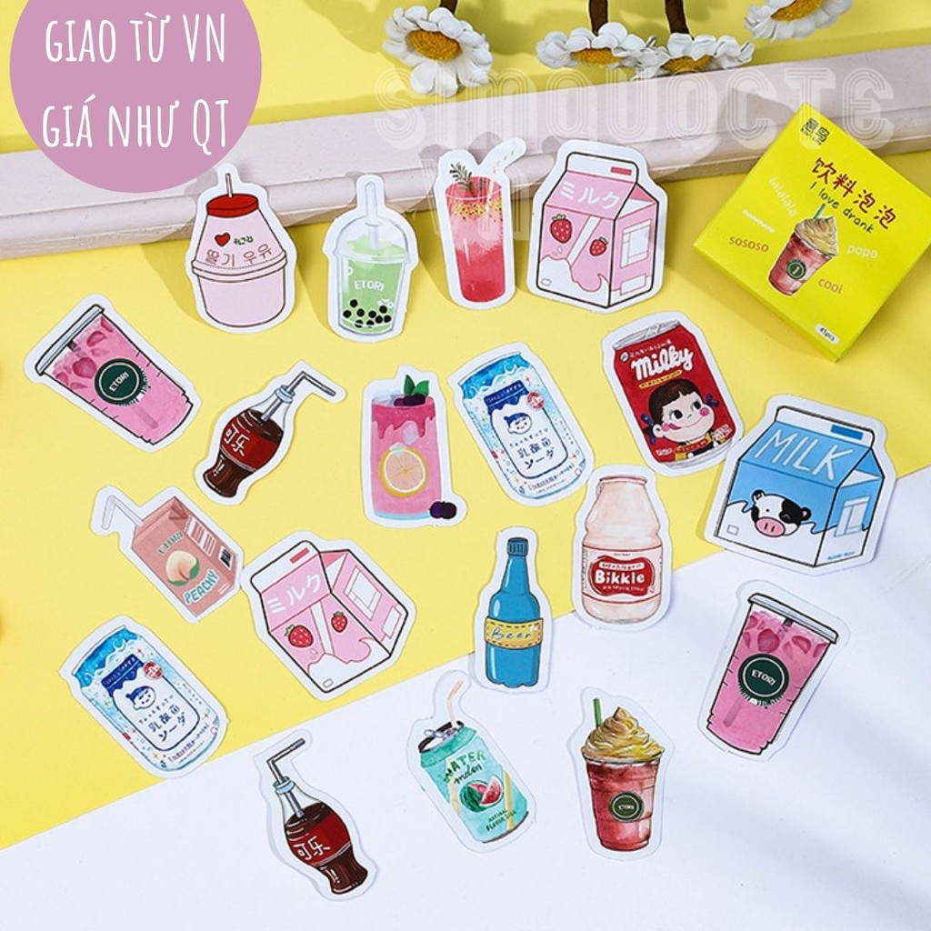 Hộp 45 sticker nhãn dán đáng yêu trang trí điện thoại vật dụng học tập gia  đình Drink Bubble Box Sticker ST129 