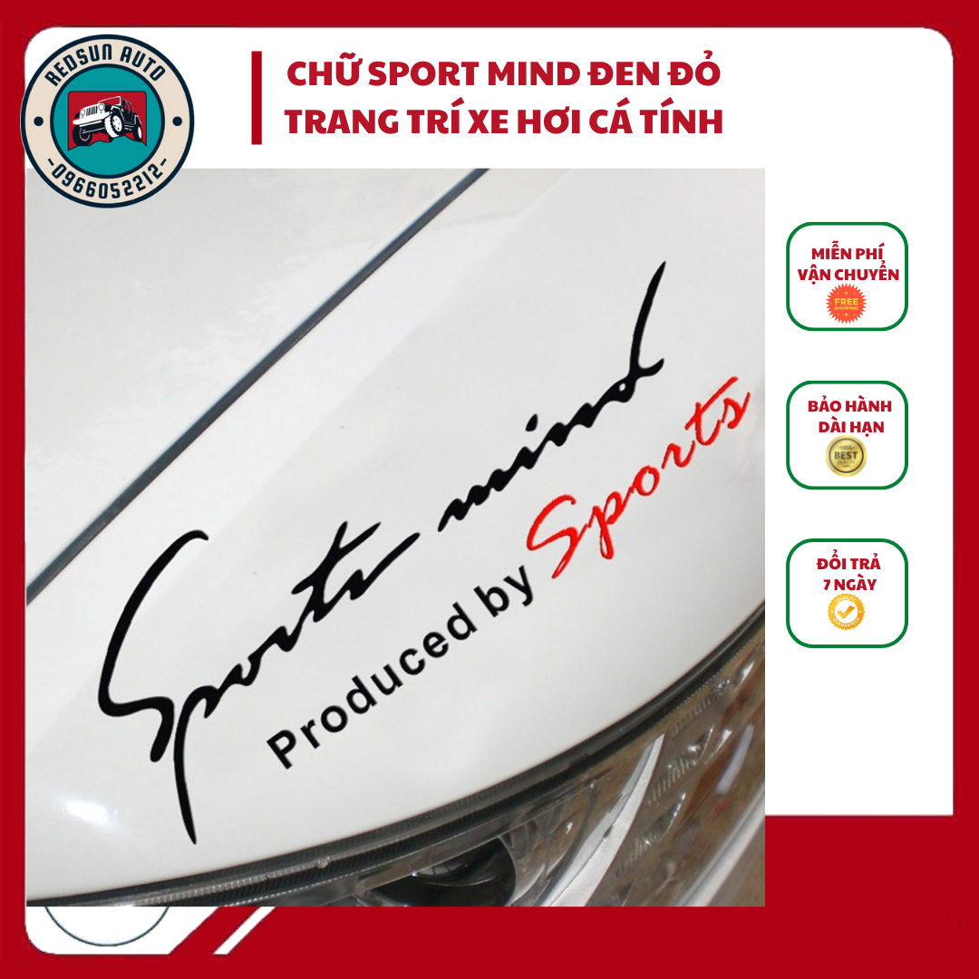 Tem dán decal Sport mind prodeced by Sports trang trí xe hơi, ô tô màu Đen Đỏ - Tạo điểm nhấn phong cách
