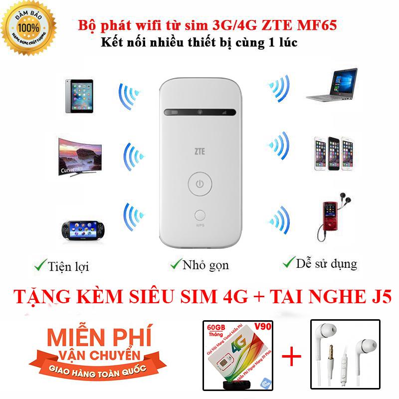 Bộ phát wifi 3g/4g từ sim di động mf65 phiên bản màu trắng - tặng sim viettel 4g và tai nghe