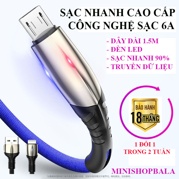 Cáp sạc điện thoại 6A, sạc nhanh 90%, TRUYỀN DỮ LIỆU . SẠC: i.phone, Android, Samsung, oppo, tablet..... Cam kết bảo hành 1 năm.