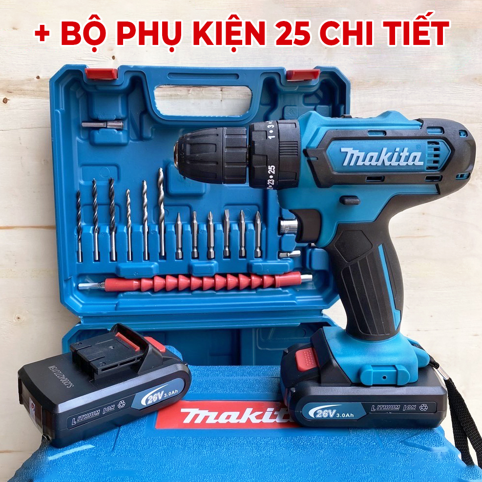 {TẶNG BỘ 24 MŨI KHOAN} MÁY KHOAN MAKITA 26V Có búa khoan tường - Lõi đồng 100% - Khoan 3 chức năng: khoan tường, khoan gỗ, bắt vít