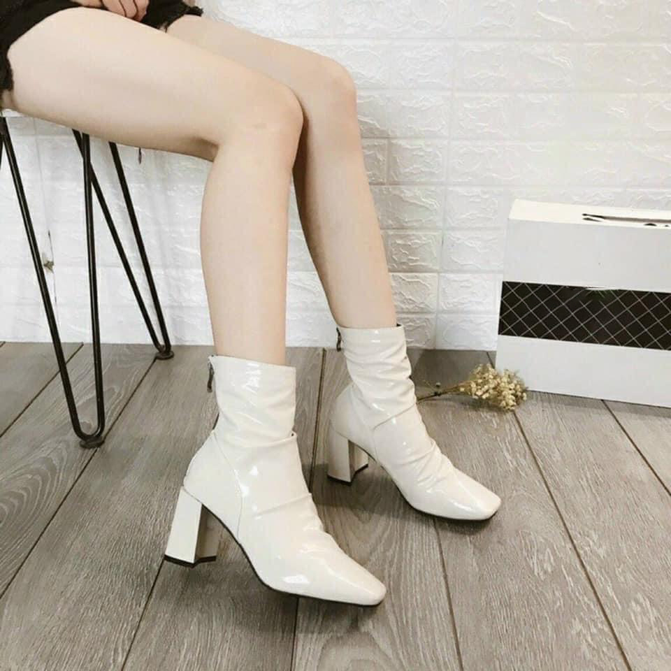 Boot nữ cổ cao Bốt cổ nhăn 7 phân da bóng gót vuông sành điệu mẫu mới 2023