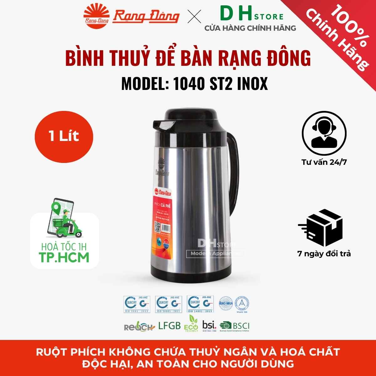 Bình thuỷ, phích nước giữ nhiệt Rạng Đông INOX RD-1040 ST2 dung tích 1.0L - Hàng chính hãng