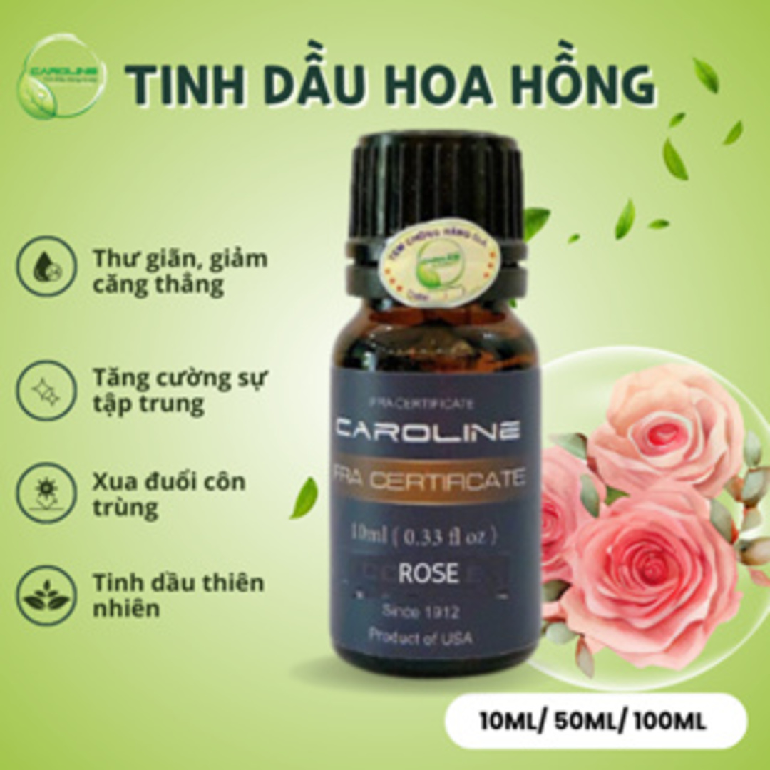Tinh Dầu Mỹ Nguyên Chất Từ Hoa Hồng Caroline 10 ml giúp tinh thần thư giãn, thoải mái, kháng khuẩn, khử mùi, sản xuất theo tiêu chuẩn của IFRA Thụy Sĩ