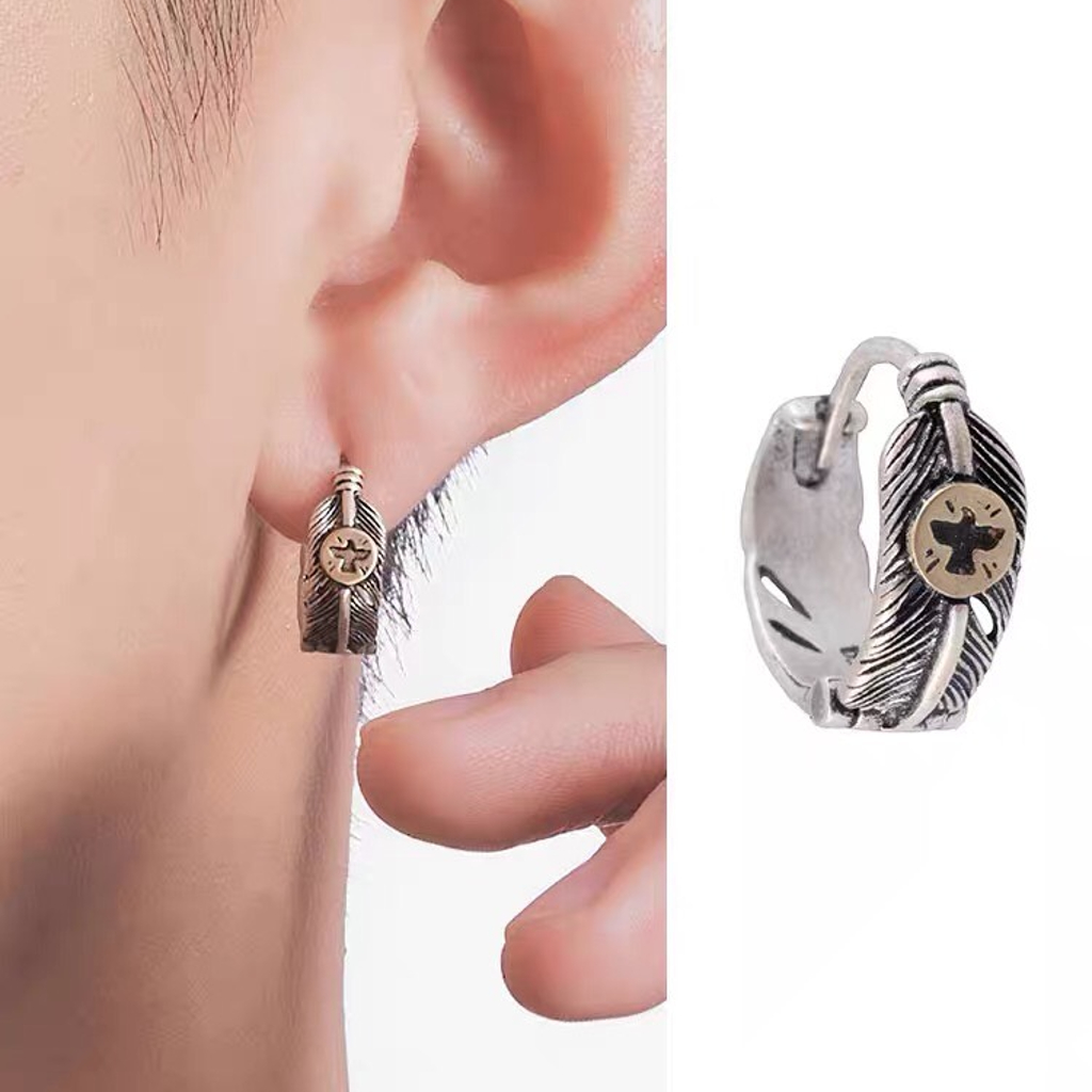 Bông tai, Khuyên tai nam dáng tròn hình lông vũ phong cách Hong Kong cánh tính mạnh mẽ, Unisex, 1 chiếc