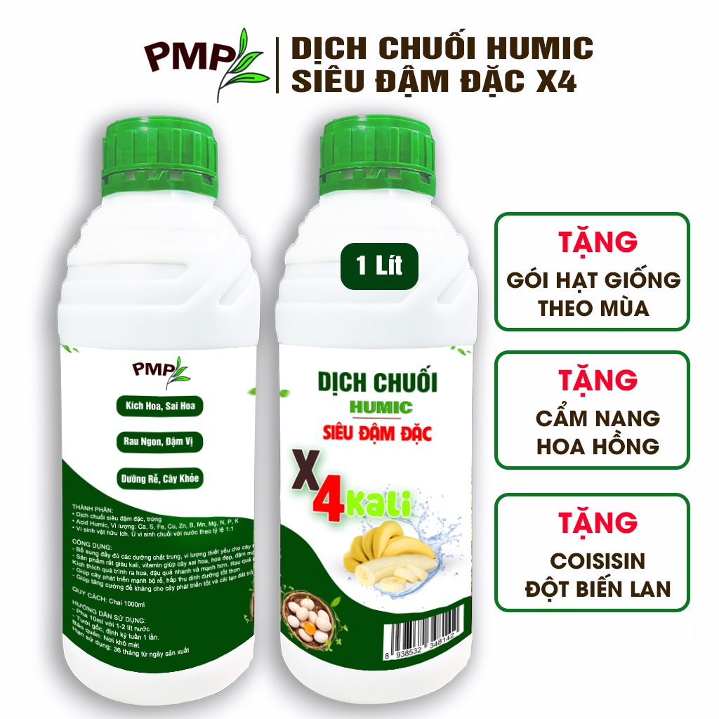 Combo 2 Chai Dịch Chuối Humic PMP Vi Sinh Giúp Sai Hoa, Đậm Màu, Lâu Tàn Chuyên Dùng Cho Hoa Hồng, Rau Sạch 1L