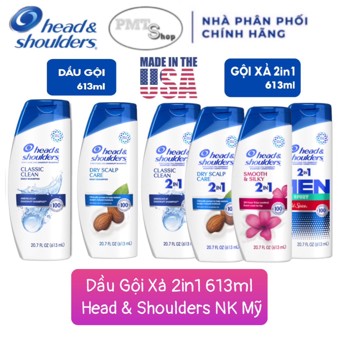 (NK Mỹ) Dầu gội / Gội xả 2in1 Head & Shoulders 613ml Classic Clean / Dry Scalp Care / Smooth Silky / Old Spice Pure Sport
