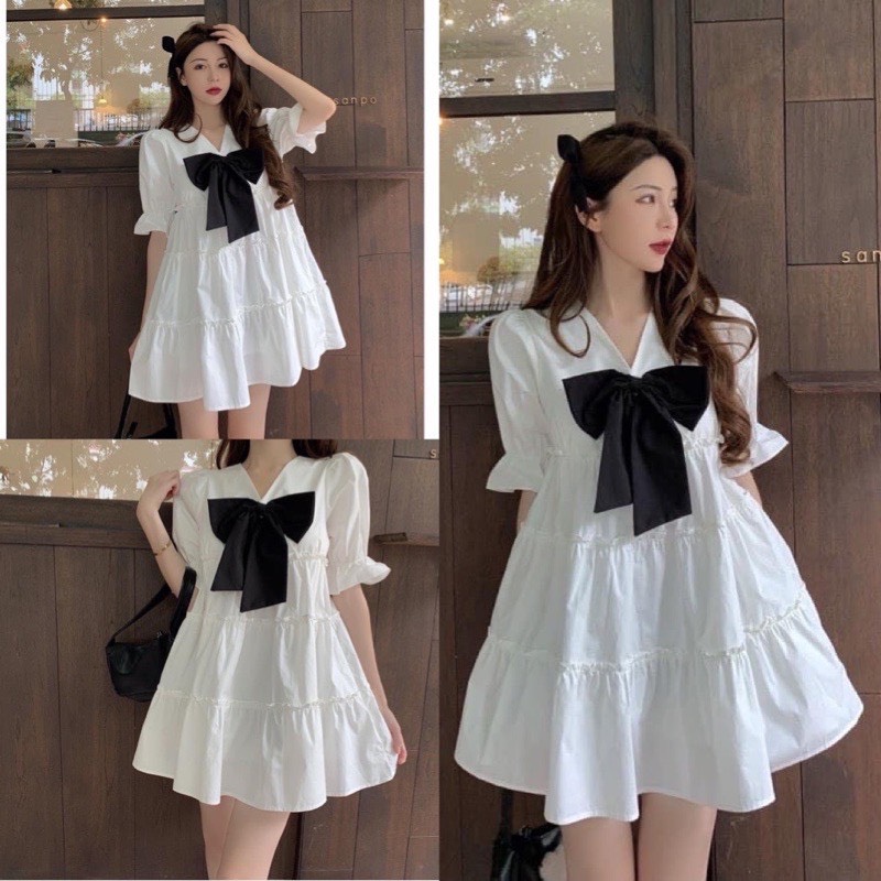 Váy đầm nữ xoè tay phồng cổ V phối nơ đen dễ thương