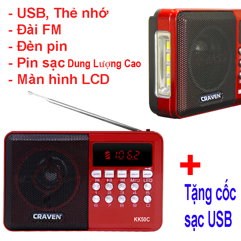 Máy nghe đài FM, Kinh Phật, Nhạc từ thẻ nhớ USB, Có đèn pin - CR65
