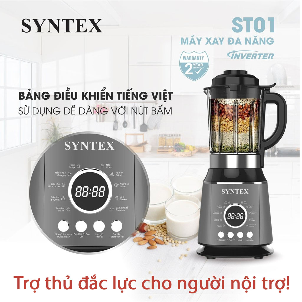 Máy xay nấu sữa hạt đa năng Syntex ST01 dung tích 2 lít 800W hàng chính hãng, bảo hành 24 tháng - Tặng bình thủy tinh 500ml