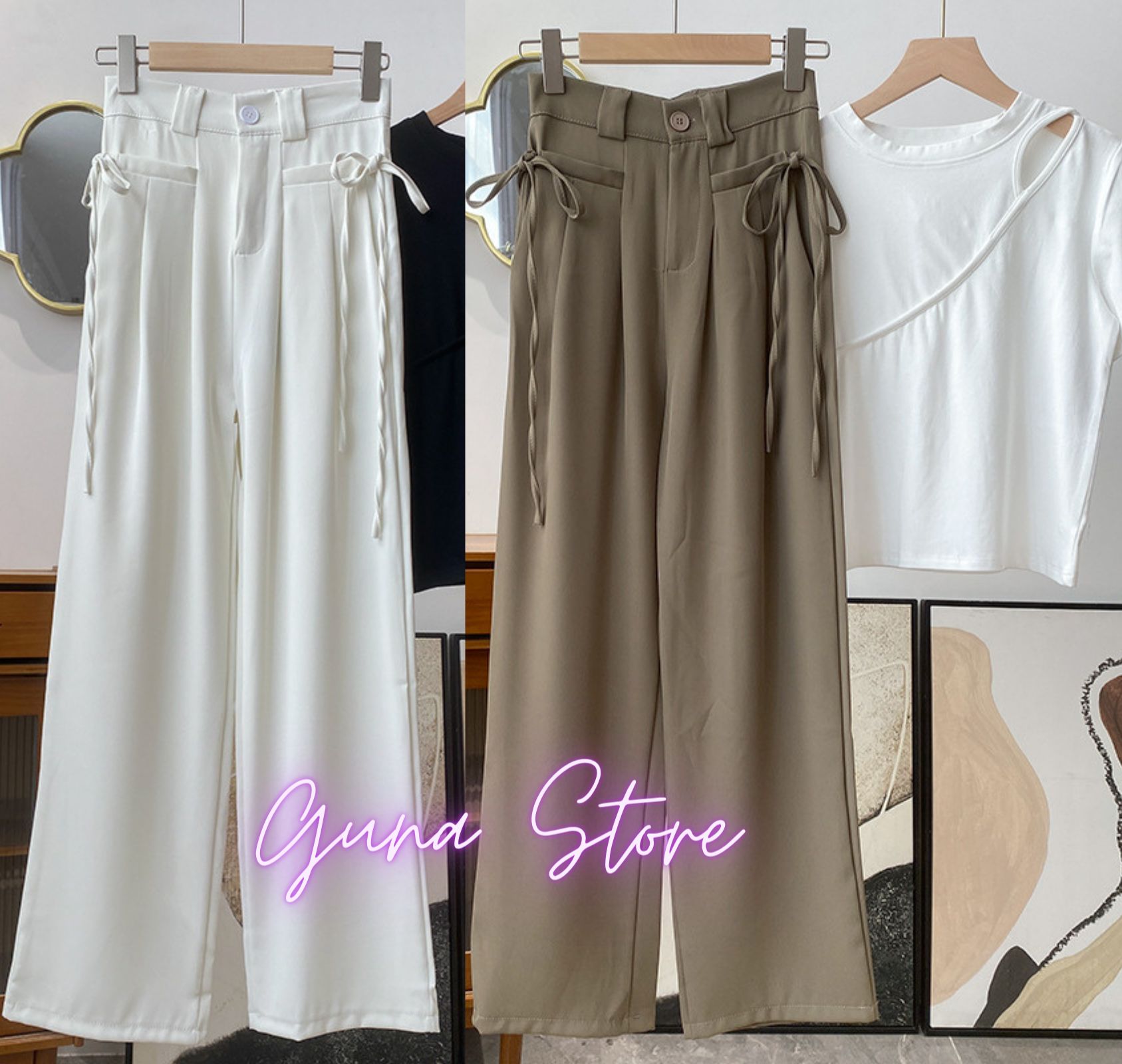 Quần ống rộng túi hộp dáng dài cột dây phong street style siêu xinh.