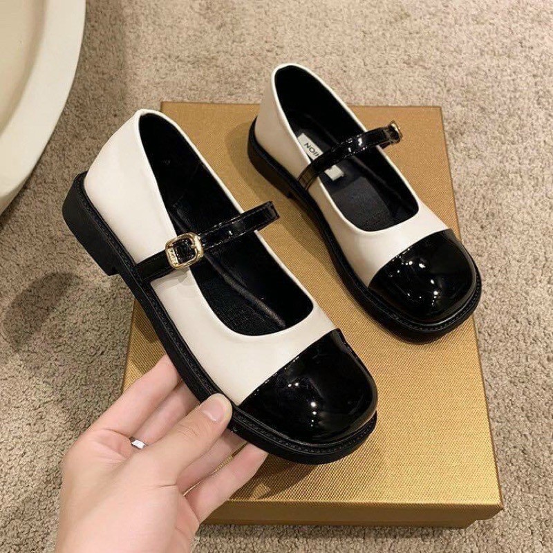 [Hoàn Tiền 15%]Giày Búp Bê Nữ Da Bóng Hàn Quốc Quai Ngang Cài Phối Cực đẹp và Êm Chân