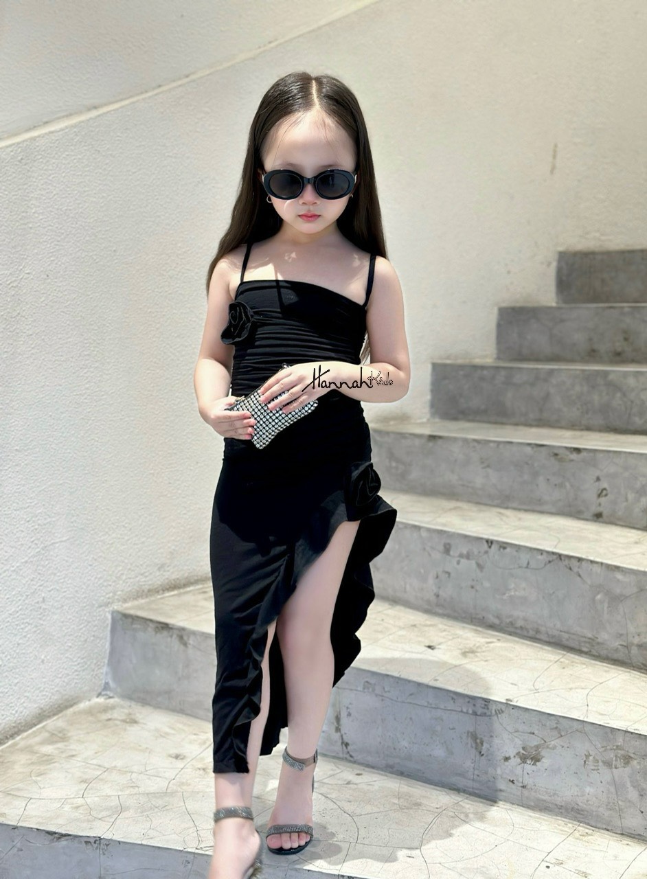 Váy 2 Dây Ôm Body Xẻ Tà Sang Chảnh Cho Bé Gái 12-34Kg, Váy Ôm Body Dáng Dài Xẻ Tà Sành Điệu Cho Bé HANNAH KIDS