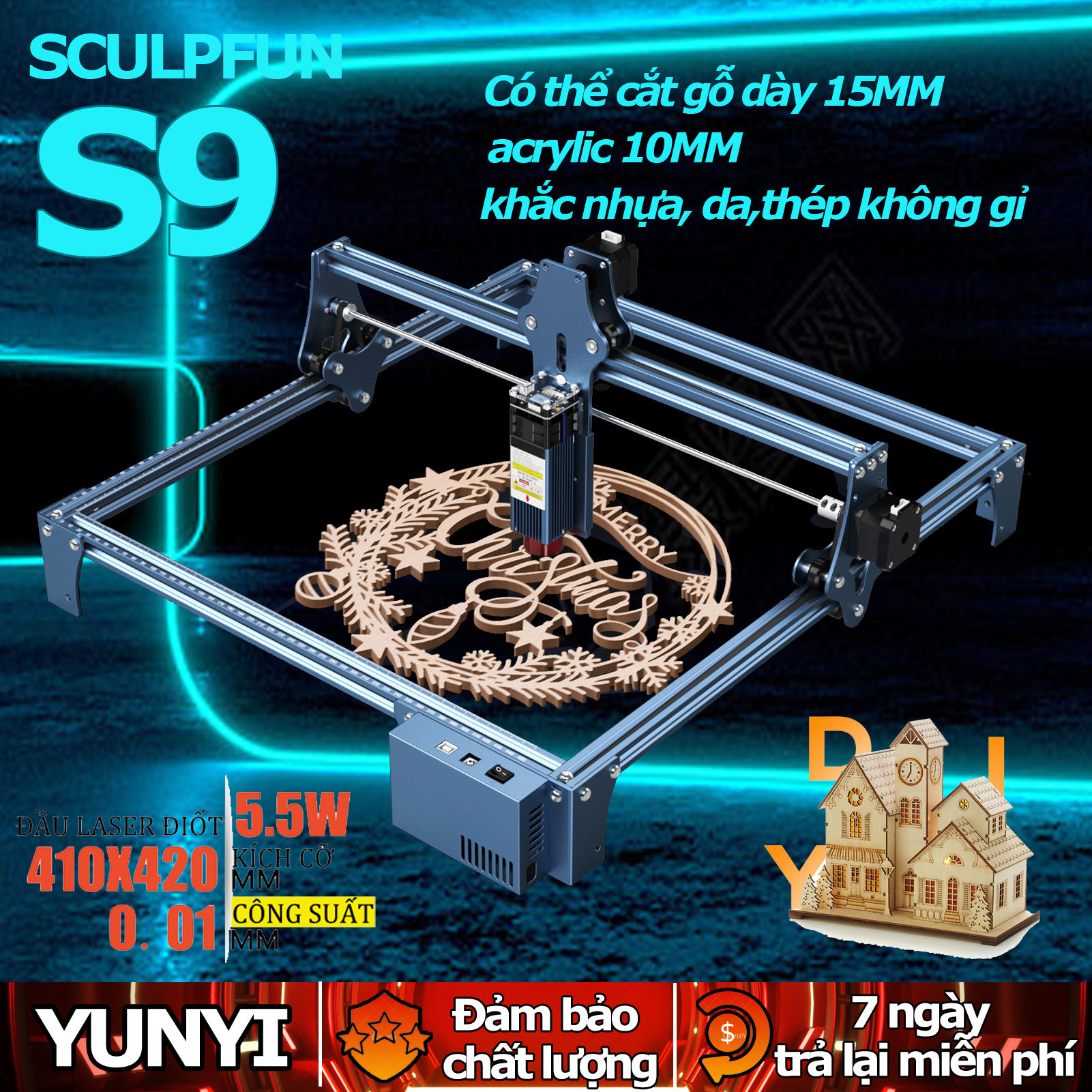 Máy khắc laser SCULPFUN S9 Máy Cắt Diện Tích Khắc 410X420Mm Có thể khắc nhựa gỗ thép không gỉ Máy cắt Laser Bảo hành 5 năm