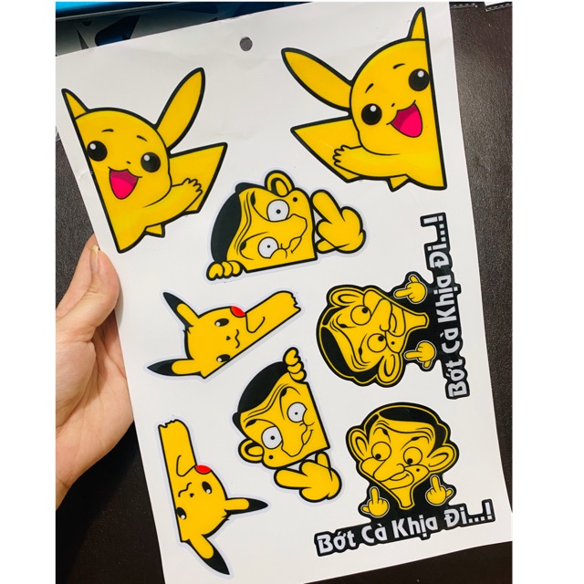 Ddxm-v12-61 tem nổi hình mr.bean bớt cà khịa đi, pikachu núp, decal trang trí xe, tem dán xe máy, stick nổi