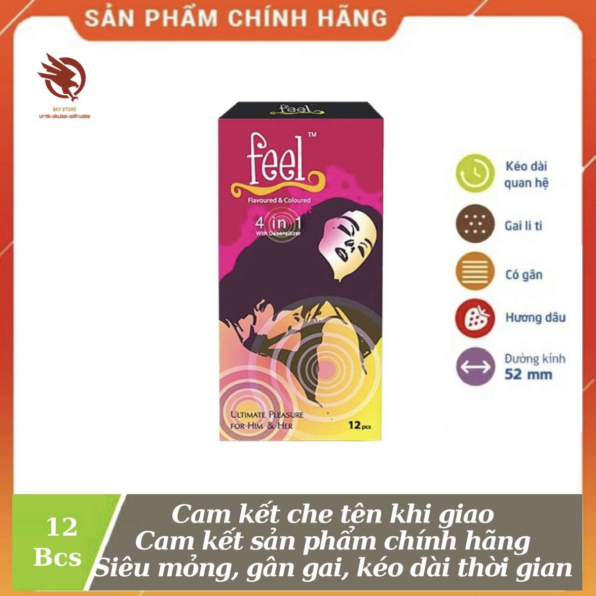 [HCM][ CHÍNH HÃNG ] - Bao Cao Su Fee l 4in1, gân Gai li ti, ôm khít, Kéo Dài Thời Gian, hương dâu quyến rũ - hộp 12 cái