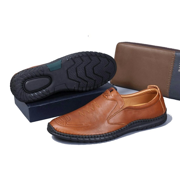 [HCM]Giày lười Da Bò nam 2 màu nâu và đen đế khâu liền da (bảo hành 12th)